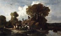 A Man in a Boat by a Cottage in a Wooded River Landscape