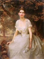 Portrait of Ver Monckton-Arundell, Seated Three-Quarter-Length, in a White Evening Dress Holding...