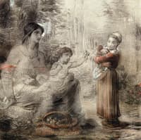 A Peasant Girl Offering Flowers to a Woman and Child