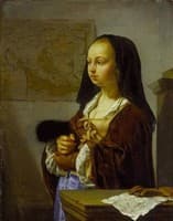 Young Lady prepares to go out carrying Feathers