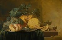 Still Life with a Whole and a Halved Peach on a Pewter Plate