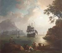 Rocky Bay with Shipping and Fishermen with Their Nets on the Shore