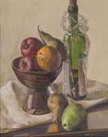 Still life with apples, pears, orange and wine bottle
