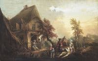 Landscape with a house and music-making company