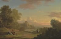 An Imaginary Landscape with a Traveller and Figures Overlooking the Bay of Baiae