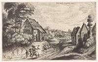 Landscape with two farmhouses along a road
