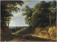 A wooded landscape with figures on a path, a village beyond
