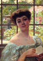 Portrait of a lady in a summer dress holding an open book, a walled summer garden beyond