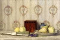Still life of fruit beside a fan and tea caddy