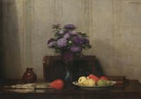 A still life with pears, flowers and a fan