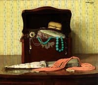 A still life with a jewel-case, a garnet necklace, a coral necklace and a mother of pearl fan