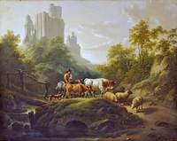 Evening Landscape with a Herdsman, Cattle and Sheep Crossing a Bridge