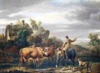 Farmer on Horseback Carrying a Calf