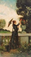 Lady with parasol picking flowers