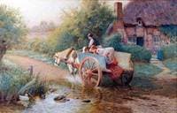 Horse and cart with figures on a country path, crossing a ford