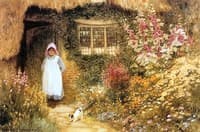 Girl with Dog Outside Cottage