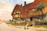 Girl with Kitten Outside a House