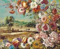 Pergola fiorita con sfondo di paes