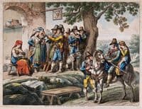 Men and women in local costume drink outside an Italian country inn