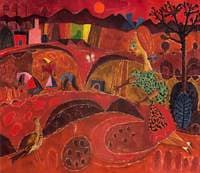 Girl and Bird in a Red Landscape