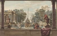 An Italianate Garden with a Parrot, a Poodle, and a Man
