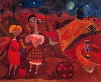 Two Girls with Birds in a Red Landscape