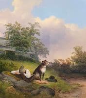 Sleeping young man with his watchful dog