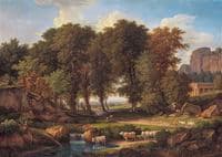 Landscape with Trees and Cows at a Pool