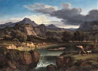 Landscape with mountain lake and waterfall during a Thunderstorm
