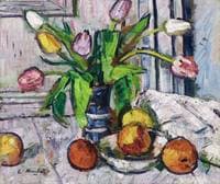 Tulips in a blue vase