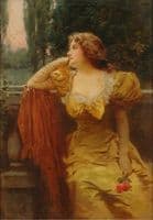 Portrait of a Lady in a Gold Gown Seated in a Landscape Holding a Rose
