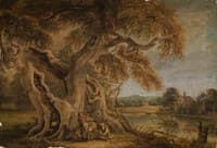 Landscape with an Old Beech Tree on a River Bank