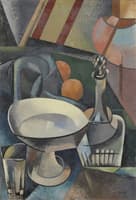 Still life with a white fruit-bowl and a water-bottle