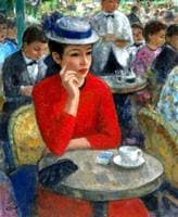 Girl in red in a cafe