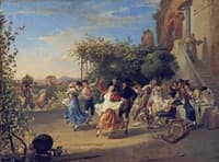 Rural festival with a view of the Temple of Venus of Bajae and the island of Ischia