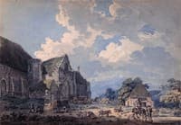 The Tithe Barn at Abbotsbury with the Abbey on the hill