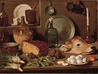 Natura morta con verdura, pane, testa di vitello e oggetti da cucina,