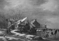 Winter Landscape with Cottages and a Windmill at the Bank of a Frozen River