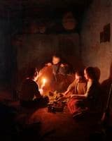 Children with chicks in the barn by candlelight