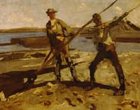 Two Workmen Pulling at Ropes