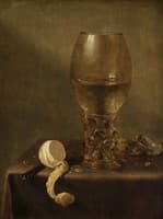 Still life with roemer, peeled lemon, mussels and nuts