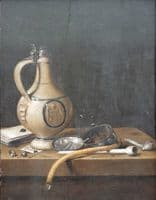 Still life with eathenware jug, cards and pipes