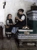 Girl Knitting girl on Bench with Little Sister