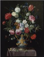 Still life of irises, peonies, narcissi, tulip and other flowers in a blue-and-white porcelain vase