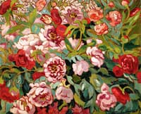 Flowerbed of Peonies and Tulips