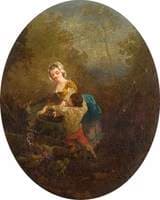 Girl, Boy, Donkey and Chickens in a Landscape