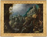 Mountain landscape with abundant river, classical ruins and herds