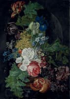 Tulips, irises, morning glories and other flowers in an urn, with grapes and a pomegranate, in a stone niche