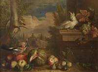 Birds and Fruit in a Landscape with a Fountain in the Background