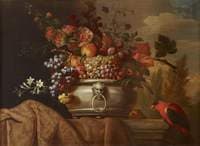 Fruit in a Pewter Bowl with a Parrot